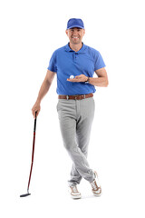 Mature male golf player on white background