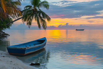 Tropical Island Sunrise with Palm Trees and Reflections on Calm Ocean Water during Colorful Dawn