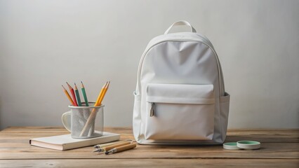 Elegant white backpack amidst neatly arranged school essentials on a pristine surface, epitomizing organized academic preparedness.