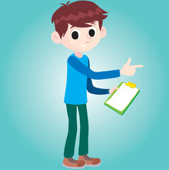 boy with a blank paper on the writing board points the direction