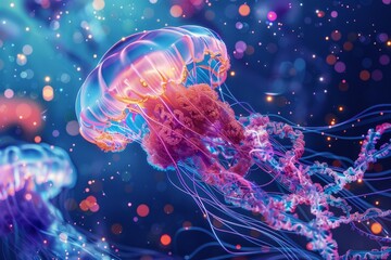 Naklejka premium Fantasy Glowing Jellyfish, Bright Underwater Creature, Abstract Jelly Fish, Neon Animals