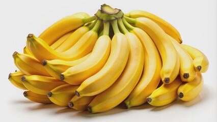 Fresh bright yellow bananas of various sizes and shapes neatly arranged on a clean white studio background.
