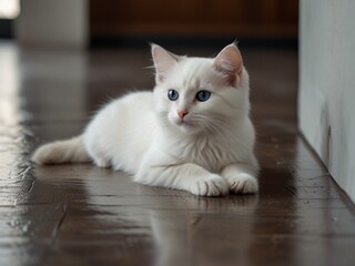 Cute,fluffy and beautiful white kitten with black on the floor. This image is ai generated