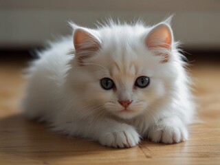 Cute,fluffy and beautiful white kitten with black on the floor. This image is ai generated