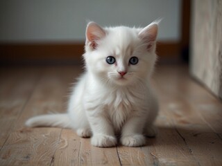 Cute,fluffy and beautiful white kitten with black on the floor. This image is ai generated