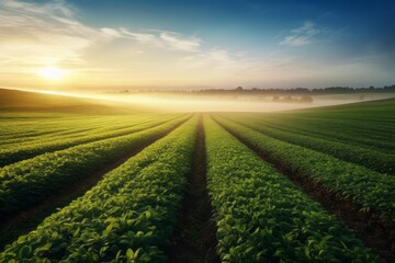Obraz premium Sunrise over a lush agricultural field