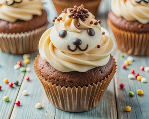 Adorable cupcake with creamy frosting, chocolate sprinkles, and a kawaii animal face made of sugar, smiling brightly, inviting you to take a sweet delight.