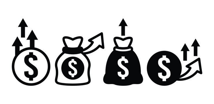 capital appreciation moeny coin bag icon symbol sign vector design black white color simple illustration collection set