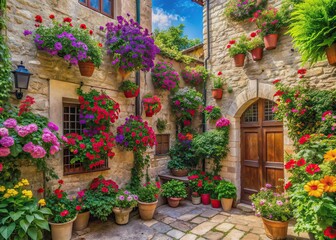 Vibrant flowers and lush greenery overflow from ornate planters and hangings, creating a serene oasis on a sunny patio surrounded by natural stone walls.
