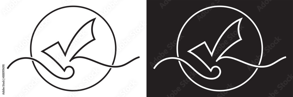 Poster continuous line drawing of checkmark. one continuous line tick. continuous line drawing of tick. che