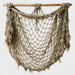 A worn, weathered fishing net with intricate knots and torn edges, suspended in mid-air, isolated on a transparent background, evoking a sense of rugged maritime nostalgia.