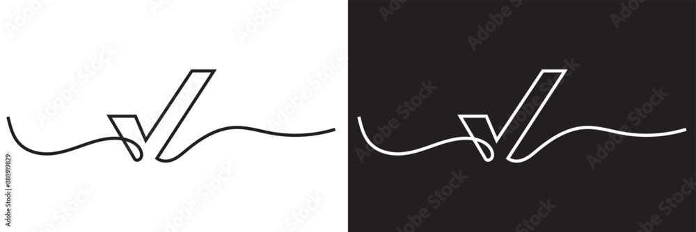 Poster continuous line drawing of checkmark. one continuous line tick. continuous line drawing of tick. che