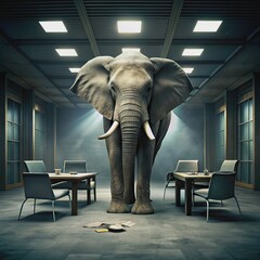 Fototapeta premium A large grey elephant stands alone in a dimly lit, worn-out conference room, surrounded by empty chairs and untouched papers, conveying uncomfortable evasion.
