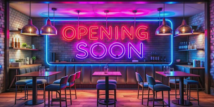 Vibrant pink and blue neon sign reading Opening Soon illuminates the interior of a modern bar or lounge, exuding an energetic and inviting ambiance. - Powered by Adobe