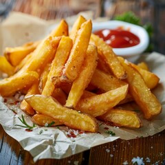 Fries or French Fries with Tomato Sauce, Sweet Potato Finger Chips, Golden French-Fried Potatoes