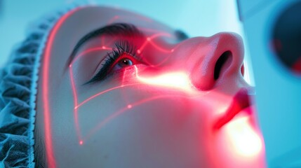 Fototapeta premium Ad promoting laser vision correction with highlighted benefits and copy space. Concept Laser Vision Correction, Clear Eyesight, Improved Vision, Modern Technology.