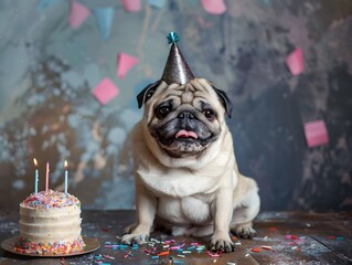 Pug with Party Hat and Birthday Cake Celebration