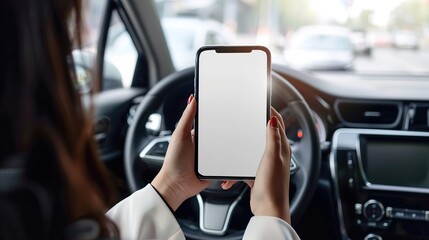 No cell phone use while driving car. Young lady holding cellphone and steering wheel, sitting in own car, phone with blank white screen for ad. copy space for text.