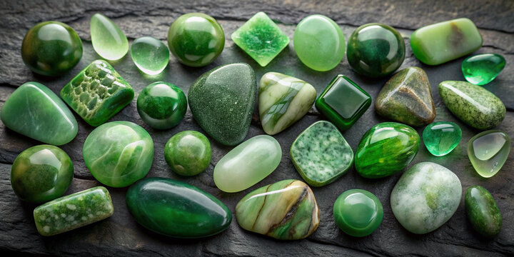  A selection of raw jade stones in various shades of green, meticulously arranged on a textured dark background, highlighting the natural beauty and variations of the stones