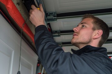 Garage door repairman inspecting a garage door spring with focused attention. Ideal for repair services and maintenance stock photos.