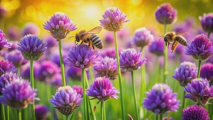 Busy bees swarming around vibrant purple flowers in a lush green meadow filled with warm sunlight and gentle breeze activity.