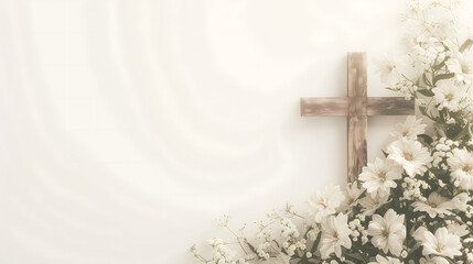 Composition with a Christian wooden cross and flowers against muted white background with space for text. Funeral invitation template