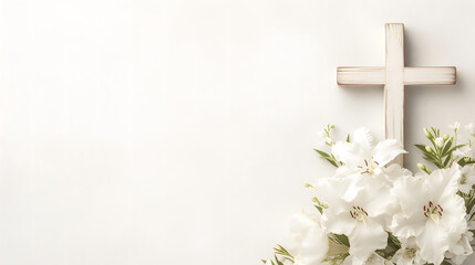 Composition with a Christian wooden cross and flowers against muted white background with space for text. Funeral invitation template