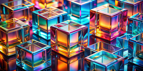 A close-up of colorful glass cubes with a morphism effect, showcasing transparency and light refraction, creating a mesmerizing and modern abstract visual