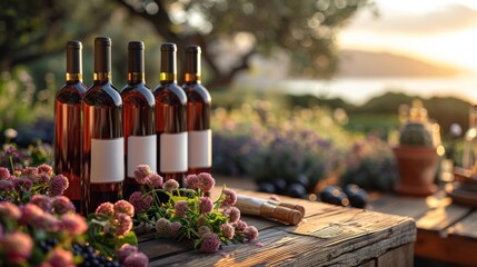 Multiple Rustic Wine Bottle Mockup Set with  Blank Labels for Personalized Branding in Rustic Environments