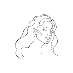 Vector illustration of a line art portrait of a woman with closed eyes and long hair. Silhouette, line drawing. Isolated on white background.