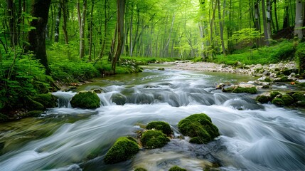 Obraz premium Tranquil Forest Stream Flowing Through Lush Green Landscape.