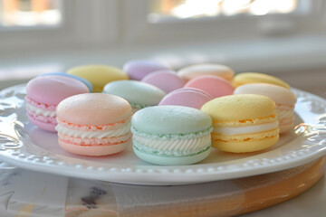 A plate of French macarons in various pastel color 11 baking, baking cup, cabinetry, cake, color, countertop, cuisine, cupcake, dessert, food, furniture, high-key, light, on1 keyword ai, table, wall, 