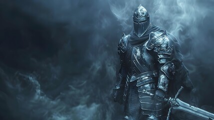 Fototapeta premium cinematic view of Brave knight with a sword, ready for battle.