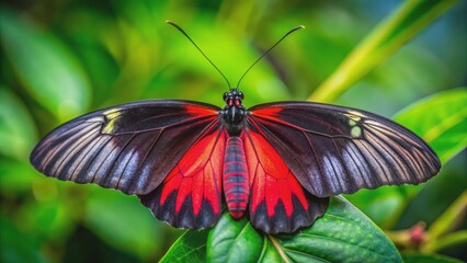 Vibrant close-up of a stunning butterfly with a sleek black body and bold red wings, set against a lush green background.