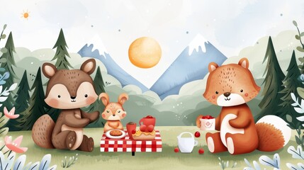 Obraz premium Illustrated cover of a children's storybook with a cheerful scene of talking animals having a picnic in a sunny meadow