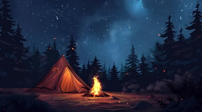 Glowing tent and bonfire on a fantasy night camping landscape, creating a magical and enchanting atmosphere with vibrant light illum Seamless looping 4k time-lapse virtual video animation Generated AI