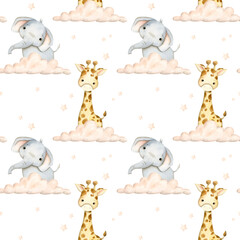 Watercolor hand-drawn seamless pattern with elephant, giraffe, clouds and stars for kids