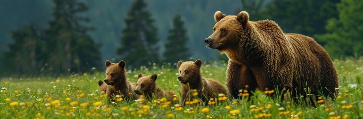 Obraz premium Brown Bear and Cubs in a Meadow