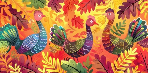 Three Colorful Turkeys in Autumn Foliage