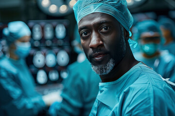 black, african american surgeon in blue robe on blurred background of the operating table. Healthcare Professionals concept.