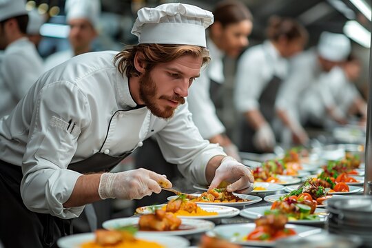 Chef Preparing Plates of Food in Restaurant Kitchen