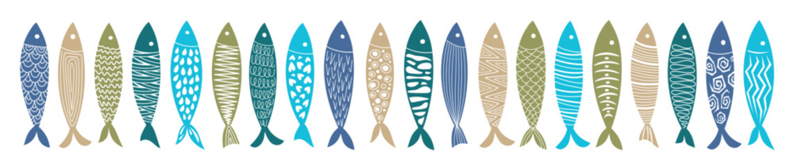 Set of hand-drawn fish in flat style. Abstract, modern and fun fish, ideal for prints, menus, packaging, icons, patterns, templates, and cards..eps