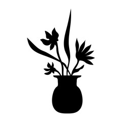 Vector illustration of flowers in a vase. Bouquet of flowers and vase silhouette, shape. Isolated on white background.