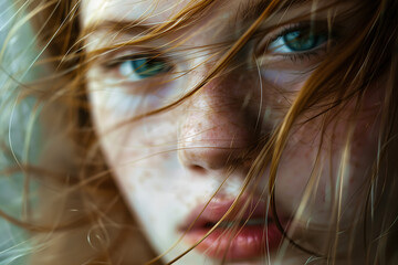 Close-up photo of a beautiful girl, capturing her radiant features and natural beauty in a detailed, expressive portrait