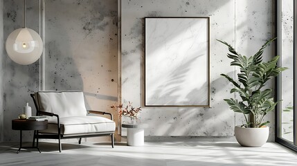Modern interior design living room with white leather armchair coffee table tall potted floor plant and blank picture frame on concrete wall with shadows
