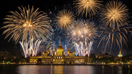 Fototapeta premium fireworks over the city, ai generated