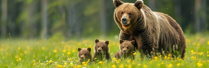 Fototapeta premium Brown Bear Family in a Field of Yellow Flowers