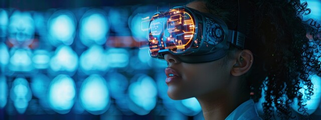 exciting educational session in which  medical student studies human anatomy using an VR headset, artificial intelligence, future technology concept. banner