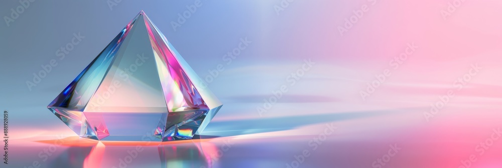 Poster a close-up view of a holographic geometric shape, rendered on a gradient background with light blue 