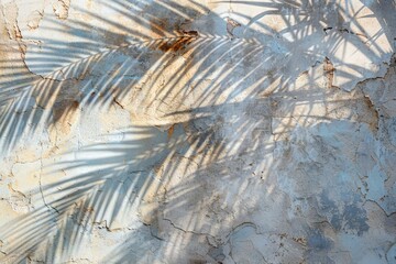 Palm tree shadows on color gypsum rough plaster background, palm branch on shabby wall pattern